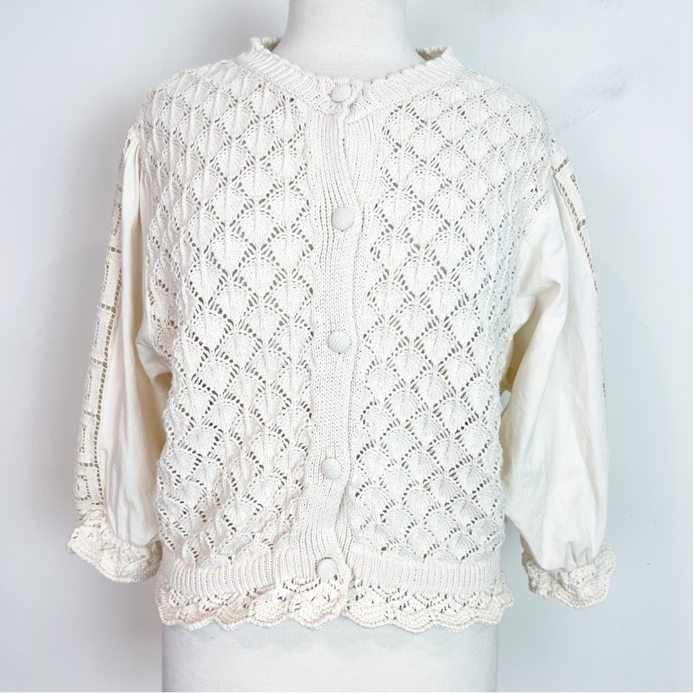 ZARA OFF-WHITE PUFF SLEEVE CROCHET CARDIGAN SWEATER WOMENS LARGE